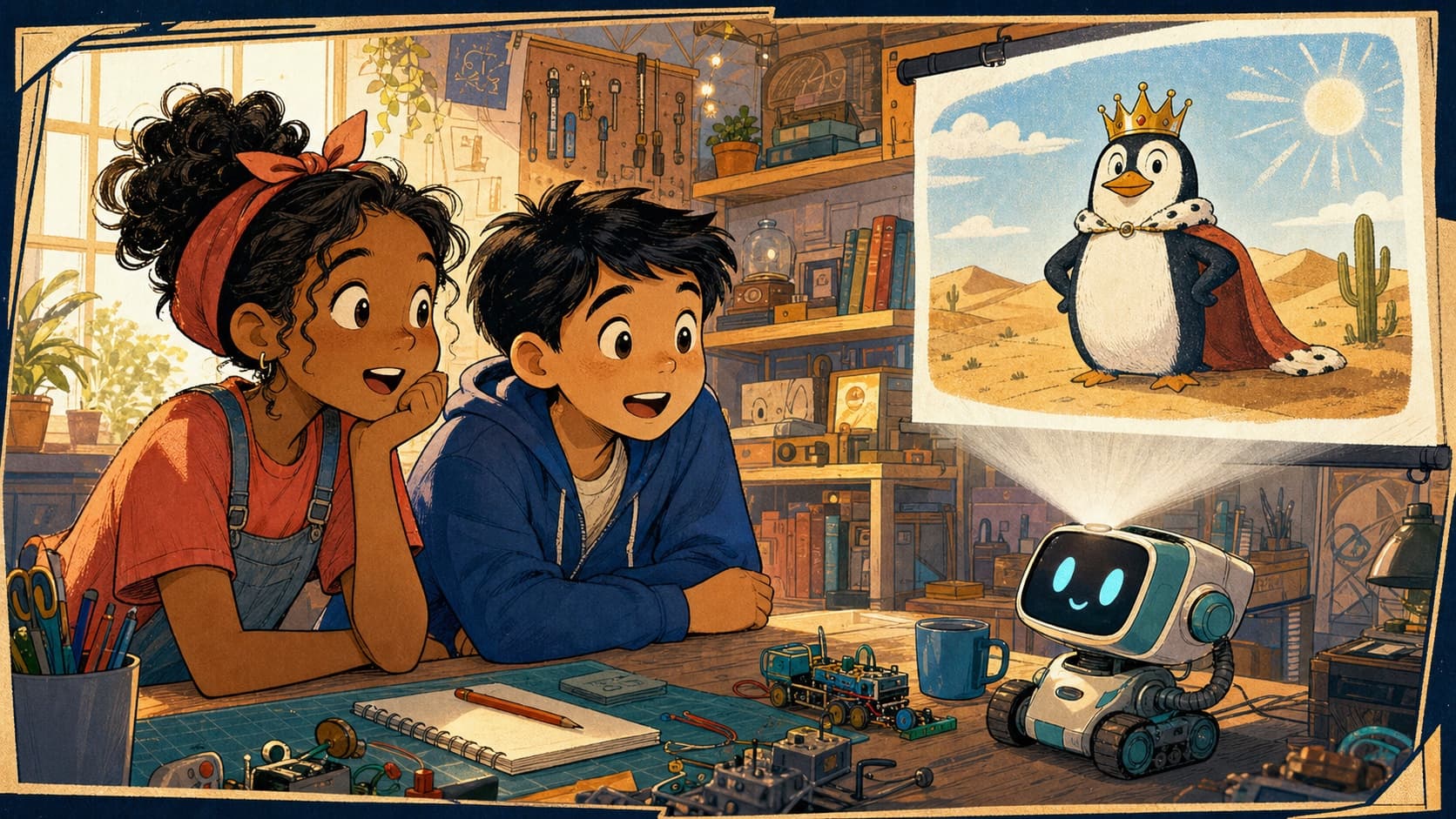 Maya and Leo laugh with a friendly robot that has projected a crowned penguin standing in a desert